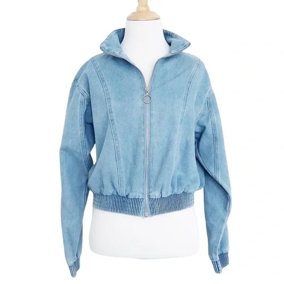 HAUTE MONDE O-Ring Zipper Wash Denim Bomber Jacket Size M - Picture 3 of 13